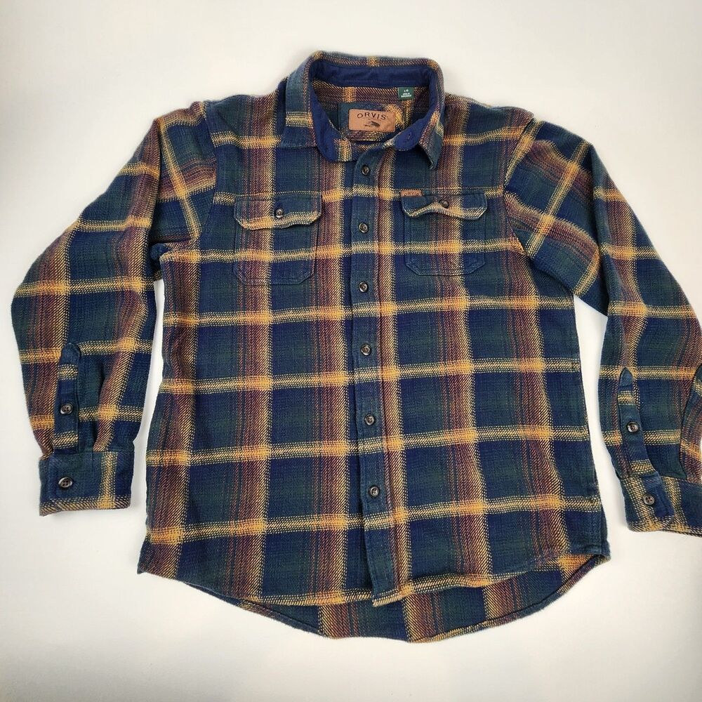 Orvis Flannel Shirt Mens Large Blue Brown Plaid Cotton Button Up Outdoor